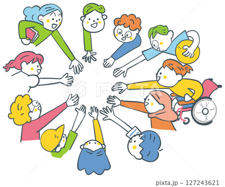 手を差し伸べ合うグローバルな大勢の小学生たち　ストックイラスト素材 127243621