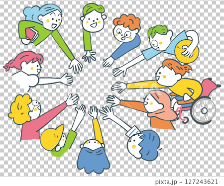 手を差し伸べ合うグローバルな大勢の小学生たち　ストックイラスト素材 127243621