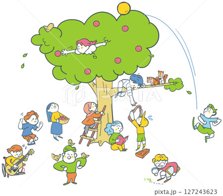 大きな木の周りで楽しく遊ぶ子供たち　ストックイラスト素材 127243623