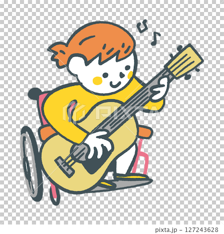 Girl in a wheelchair playing guitar stock illustration 127243628