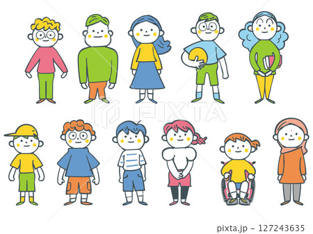 立ちポーズのユニークな小学生たち セットのストックイラスト素材 立ちポーズのユニークな小学生たち セットのストックイラスト素材 127243635