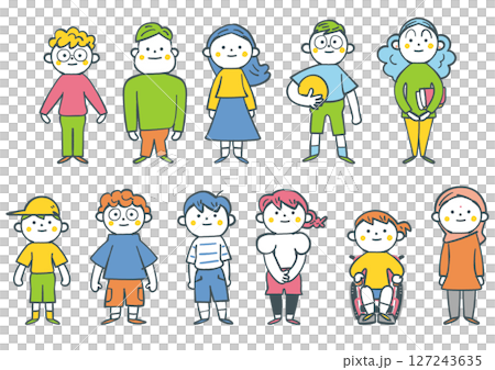 立ちポーズのユニークな小学生たち セットのストックイラスト素材 立ちポーズのユニークな小学生たち セットのストックイラスト素材 127243635