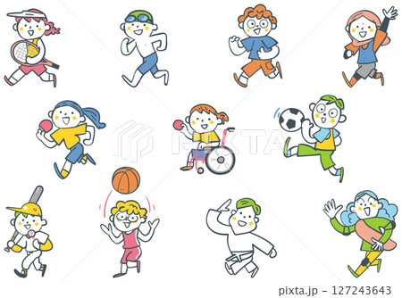 様々なスポーツに励む小学生たち　セットのストックイラスト素材 127243643