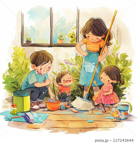 Children and parent engage in fun cleaning activity at home during a sunny afternoon while creating art with paint Children and parent engage in fun cleaning activity at home during a sunny afternoon while creating art with paint 127243644