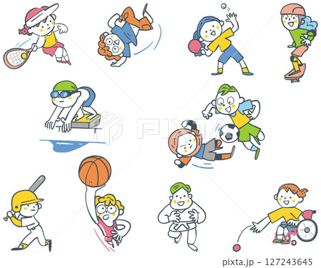 様々なスポーツに励む小学生たち　セットのストックイラスト素材 127243645