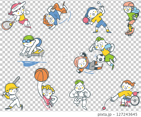 様々なスポーツに励む小学生たち　セットのストックイラスト素材 127243645