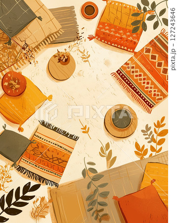 Vibrant arrangement of colorful textiles and plants creating a warm and inviting atmosphere in a cozy setting Vibrant arrangement of colorful textiles and plants creating a warm and inviting atmosphere in a cozy setting 127243646