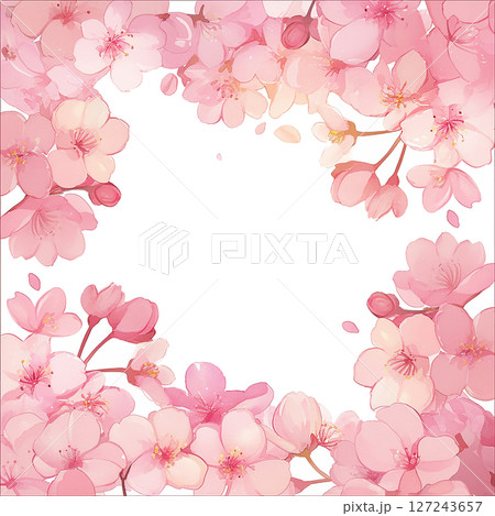 Beautiful cherry blossom frame with soft pink hues and delicate petals designed for spring greetings or invitations 127243657