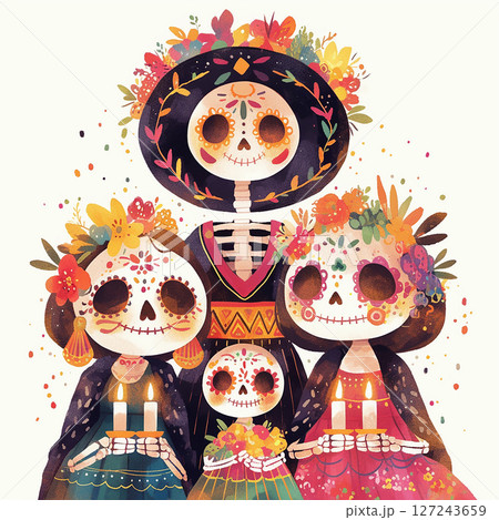 Colorful skeleton family celebrating Day of the Dead with flowers, traditional attire, and joyful expressions in a festive setting Colorful skeleton family celebrating Day of the Dead with flowers, traditional attire, and joyful expressions in a festive setting 127243659