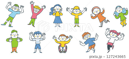 万歳する小学生たち セットのストックイラスト素材 万歳する小学生たち セットのストックイラスト素材 127243665