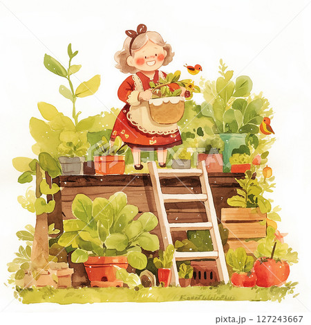 Cheerful gardener tending to plants while surrounded by a vibrant garden in warm sunlight Cheerful gardener tending to plants while surrounded by a vibrant garden in warm sunlight 127243667