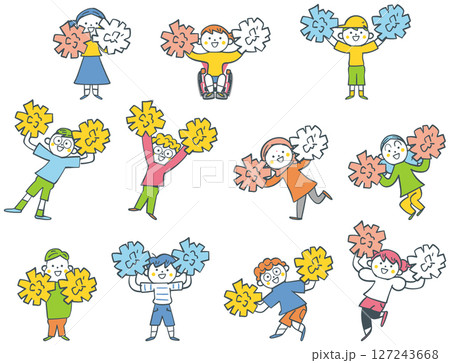 ポンポンを振って応援する小学生たち　セットのストックイラスト素材 127243668