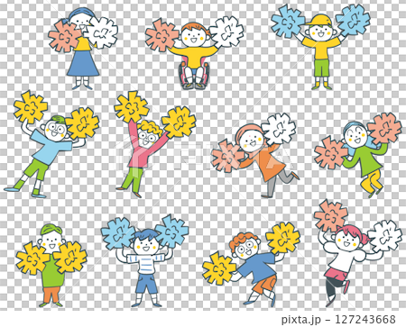 ポンポンを振って応援する小学生たち　セットのストックイラスト素材 127243668