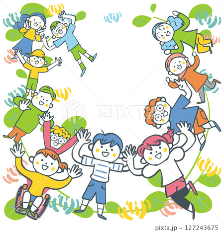 円を描くように万歳をする小学生たちとシロツメクサ　ストックイラスト素材 127243675