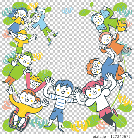 小學生舉起手臂圍成一個圓圈，還有白色的三葉草 庫存插圖素材 127243675