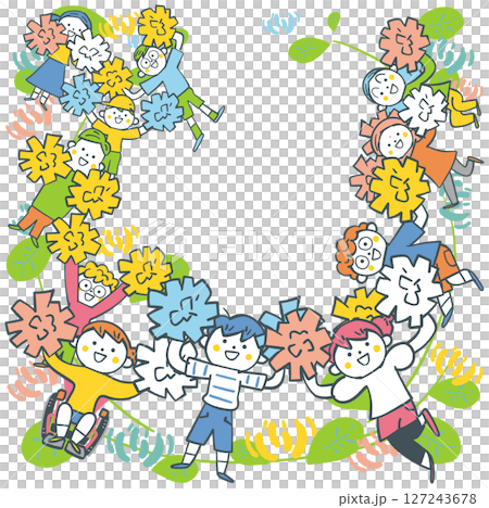 円を描くようにポンポンを振って応援する小学生たちとシロツメクサ　ストックイラスト素材 127243678