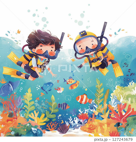 Two children explore a vibrant underwater world while snorkeling in a coral reef, surrounded by colorful fish and marine life Two children explore a vibrant underwater world while snorkeling in a coral reef, surrounded by colorful fish and marine life 127243679
