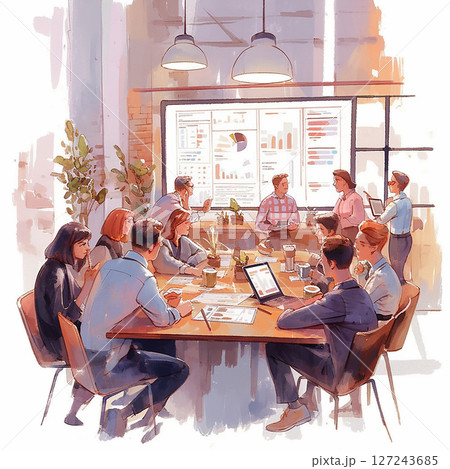 Meeting room showcasing teamwork and discussion among diverse professionals in a modern office setting Meeting room showcasing teamwork and discussion among diverse professionals in a modern office setting 127243685