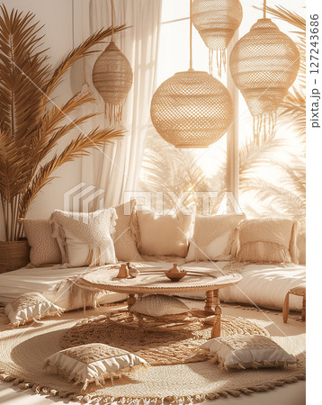 Cozy bohemian living room with woven decor and warm sunlight at afternoon Cozy bohemian living room with woven decor and warm sunlight at afternoon 127243686
