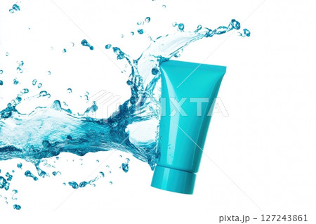 Light blue blank plastic cosmetic tube in blue water dynamic splashes on white transparent backdrop. Teal package mockup. Hand cream, body lotion, face cleanser. beauty product floating levitation 127243861