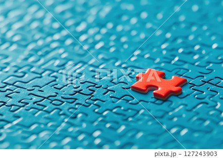 One piece detail of puzzle is red on blue puzzle background. Different concept. Puzzle pieces grid, Jigsaw blue colour. Success mosaic solution template. Symbol of business strategy, completing, team One piece detail of puzzle is red on blue puzzle background. Different concept. Puzzle pieces grid, Jigsaw blue colour. Success mosaic solution template. Symbol of business strategy, completing, team 127243903