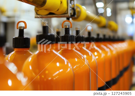 Orange gas tanks. Bundle of gas cylinder and high pressure gauges, meter, valve. Many argon cylinders with compressed oxygen for industry, welding. Fuel manufacturing. Liquefied gas production factory Orange gas tanks. Bundle of gas cylinder and high pressure gauges, meter, valve. Many argon cylinders with compressed oxygen for industry, welding. Fuel manufacturing. Liquefied gas production factory 127243905