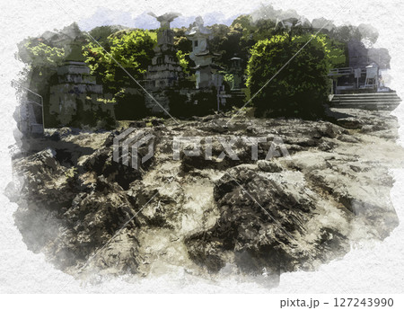 水彩画風　四国八十八箇所14番　常楽寺　流水岩の庭　徳島県徳島市 127243990
