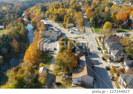 Aerial of Fergus, Ontario, Canada on fall day 127244027