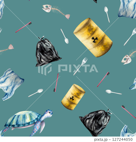 Seamless pattern, underwater sea with garbage. Sea turtle, plastic bag filled with trash, rusty oil barrels. Crumpled aluminum can. Watercolor hand drawn illustration isolated on background. Recycling 127244050