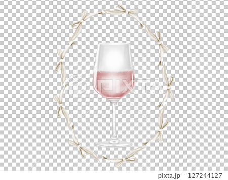 Glass of wine watercolor illustration. Drink alcoholic pink sparkling with a bow on the stem. Clip art drinks. Wine shop booklets. Ideal for restaurant menus, posters and advertising signs. 127244127
