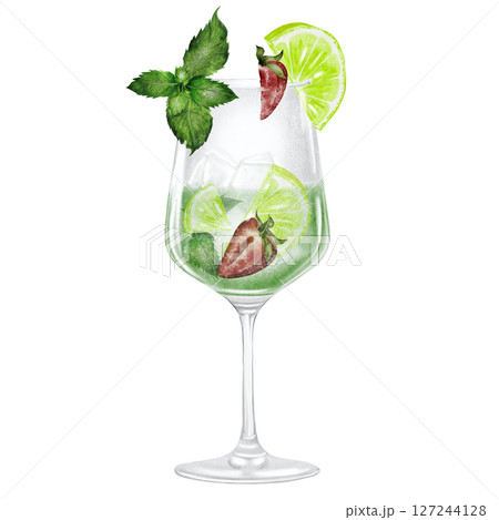 Mojito in a glass watercolor drawing. Hand drawn illustration of alcoholic drink with ice, lime and mint on white background. Clip art of drinks. Ideal for bar and restaurant menu on the beach. 127244128