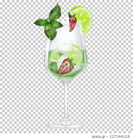 Mojito in a glass watercolor drawing. Hand drawn illustration of alcoholic drink with ice, lime and mint on white background. Clip art of drinks. Ideal for bar and restaurant menu on the beach. Mojito in a glass watercolor drawing. Hand drawn illustration of alcoholic drink with ice, lime and mint on white background. Clip art of drinks. Ideal for bar and restaurant menu on the beach. 127244128