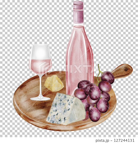 Wine bottle and a glass with snacks on the board watercolor. Hand drawn pink alcoholic drink. Clip art of drink. Ideal for advertising posters of bar and restaurant menu. Wine bottle and a glass with snacks on the board watercolor. Hand drawn pink alcoholic drink. Clip art of drink. Ideal for advertising posters of bar and restaurant menu. 127244131
