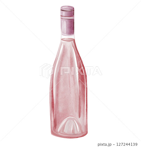 Wine bottle watercolor. Hand drawn pink alcoholic drink in glass. Clip art of drink. Ideal for advertising posters of bar and restaurant menu. Wine bottle watercolor. Hand drawn pink alcoholic drink in glass. Clip art of drink. Ideal for advertising posters of bar and restaurant menu. 127244139
