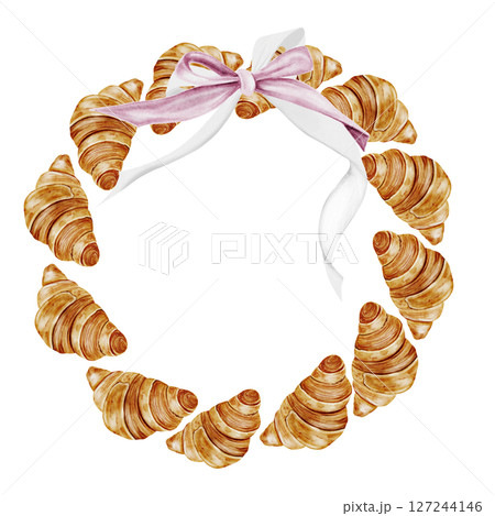 Croissant watercolor frame. Hand drawn fresh french bun with a bow. Food clip art. Ideal for bakery prints, postcards and pastry shop posters. 127244146