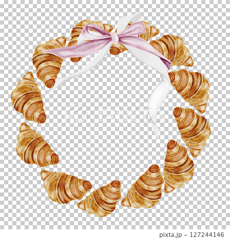 Croissant watercolor frame. Hand drawn fresh french bun with a bow. Food clip art. Ideal for bakery prints, postcards and pastry shop posters. 127244146