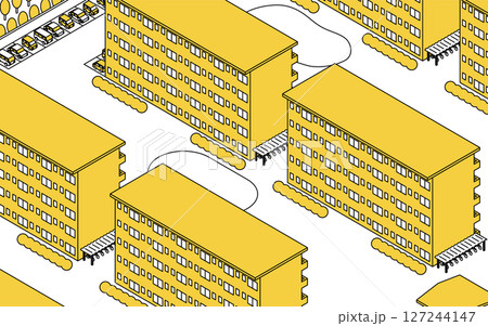昔ながらの団地が並ぶ風景のシンプルな線画アイソメトリックイラスト 127244147