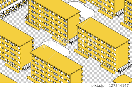 昔ながらの団地が並ぶ風景のシンプルな線画アイソメトリックイラスト 127244147
