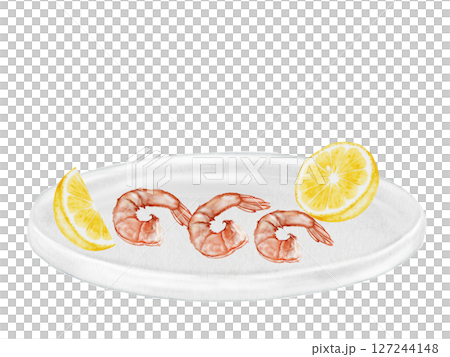 Shrimp and lemon on a plate watercolor. Hand drawn crustacean on isolated white background. Food clip art. Ideal for restaurant menus, product packaging and cookbook design Shrimp and lemon on a plate watercolor. Hand drawn crustacean on isolated white background. Food clip art. Ideal for restaurant menus, product packaging and cookbook design 127244148