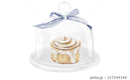 Cinnabon, cinnamon watercolor. Hand drawn cinnamon bun with cream cheese under the cloche. Classic American sweet. Clip art isolated on white background. For coffee shop menu, pastry shop and sweet Cinnabon, cinnamon watercolor. Hand drawn cinnamon bun with cream cheese under the cloche. Classic American sweet. Clip art isolated on white background. For coffee shop menu, pastry shop and sweet 127244149