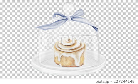 Cinnabon, cinnamon watercolor. Hand drawn cinnamon bun with cream cheese under the cloche. Classic American sweet. Clip art isolated on white background. For coffee shop menu, pastry shop and sweet Cinnabon, cinnamon watercolor. Hand drawn cinnamon bun with cream cheese under the cloche. Classic American sweet. Clip art isolated on white background. For coffee shop menu, pastry shop and sweet 127244149