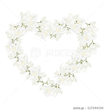Jasmine white flower watercolor frame. Hand drawn bud delicate in the shape of a heart. Clip art botanical on white background. Ideal for logo of tea and aromatic products from jasmine Jasmine white flower watercolor frame. Hand drawn bud delicate in the shape of a heart. Clip art botanical on white background. Ideal for logo of tea and aromatic products from jasmine 127244150