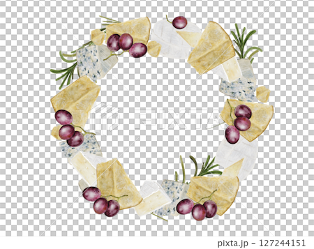 Cheese watercolor frame. Hand drawn different cheeses, parmesan, brie, roquefort. Clip art of food on white background. Ideal for packaging of farm organic product or restaurant menu design 127244151