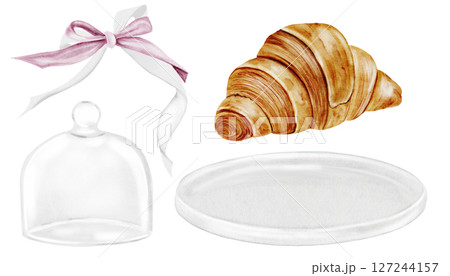 Croissant watercolor set. Hand drawn fresh french bun with a white plate, cloche and pink bow. Food clip art. Ideal for bakery prints, postcards and pastry shop posters. 127244157