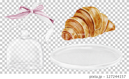 Croissant watercolor set. Hand drawn fresh french bun with a white plate, cloche and pink bow. Food clip art. Ideal for bakery prints, postcards and pastry shop posters. 127244157
