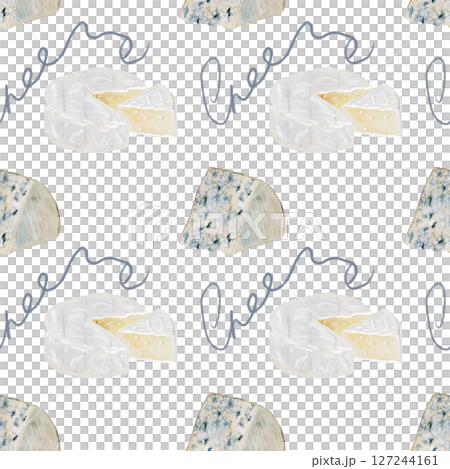Cheese watercolor pattern. Hand drawn illustration brie, camembert, dor blue. Clip art of food on white background. Ideal for packaging of farm organic product or restaurant menu design 127244161