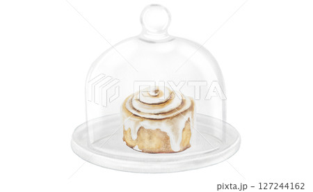 Cinnabon, cinnamon watercolor. Hand drawn cinnamon bun with cream cheese under the cloche. Classic American sweet. Clip art isolated on white background. For coffee shop menu, pastry shop and sweet Cinnabon, cinnamon watercolor. Hand drawn cinnamon bun with cream cheese under the cloche. Classic American sweet. Clip art isolated on white background. For coffee shop menu, pastry shop and sweet 127244162
