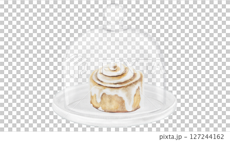 Cinnabon, cinnamon watercolor. Hand drawn cinnamon bun with cream cheese under the cloche. Classic American sweet. Clip art isolated on white background. For coffee shop menu, pastry shop and sweet Cinnabon, cinnamon watercolor. Hand drawn cinnamon bun with cream cheese under the cloche. Classic American sweet. Clip art isolated on white background. For coffee shop menu, pastry shop and sweet 127244162