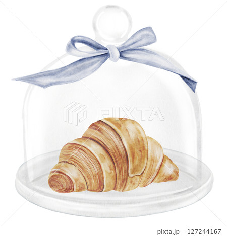 Croissant and cloche watercolor illustration. Hand drawn fresh french bun in a glass dome with a bow. Food clip art. Ideal for bakery prints, postcards and pastry shop posters. Croissant and cloche watercolor illustration. Hand drawn fresh french bun in a glass dome with a bow. Food clip art. Ideal for bakery prints, postcards and pastry shop posters. 127244167