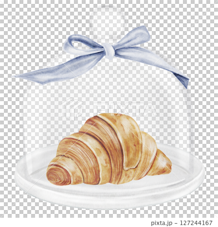 Croissant and cloche watercolor illustration. Hand drawn fresh french bun in a glass dome with a bow. Food clip art. Ideal for bakery prints, postcards and pastry shop posters. Croissant and cloche watercolor illustration. Hand drawn fresh french bun in a glass dome with a bow. Food clip art. Ideal for bakery prints, postcards and pastry shop posters. 127244167